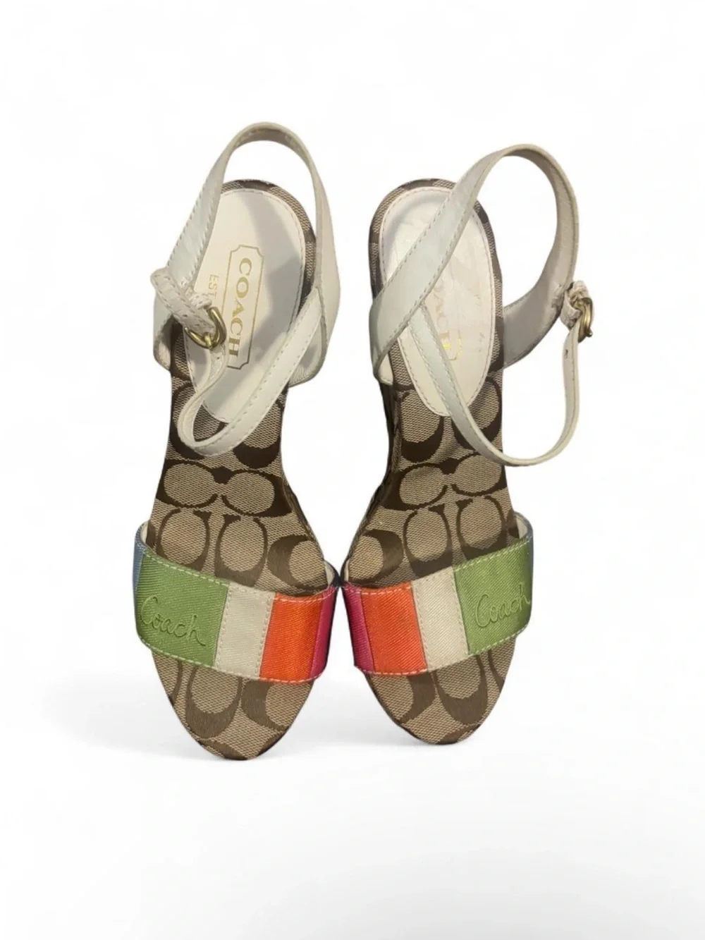 Coach Multicolor Signature Canvas Wedge Sandals - Cream, Brown & Rainbow